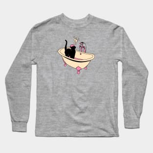Spa Day Black Cat in pink Long Sleeve T-Shirt